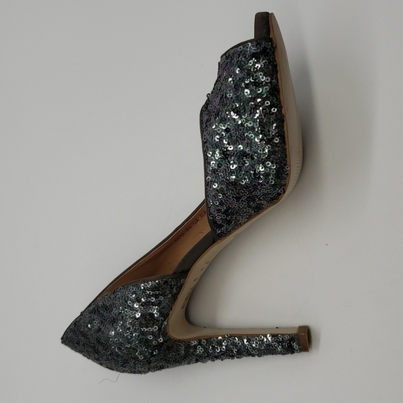 SHOESTOCK women US 10 EU 41 silver pewter heels peep toe sequin open Dorsay side - Picture 10 of 11